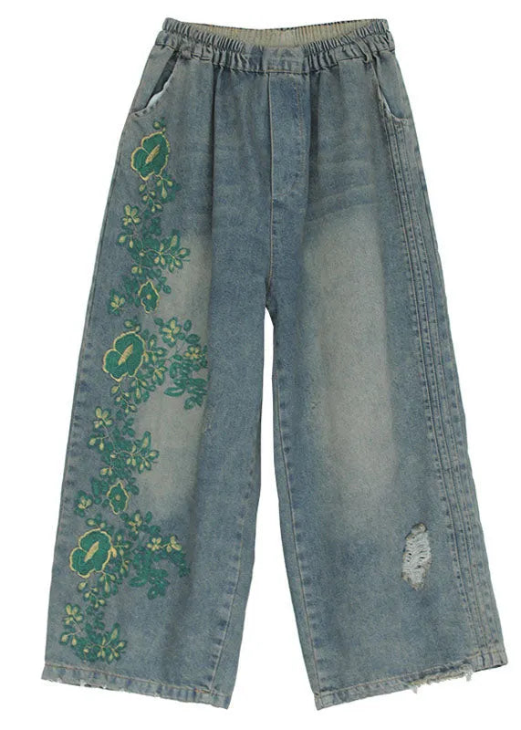 Blue Embroideried Cotton Ripped Jeans Pants Fall