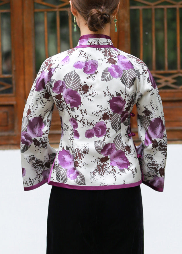 White Print Button Patchwork Silk Blouses Flare Sleeve
