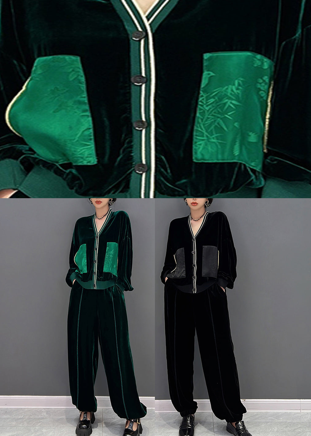 Stylish Black V Neck Print Coats and Pants Two Pieces Set Fall