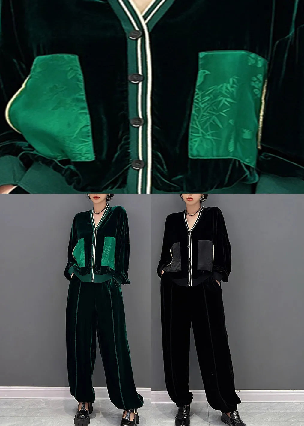 Stylish Black V Neck Print Coats and Pants Two Pieces Set Fall