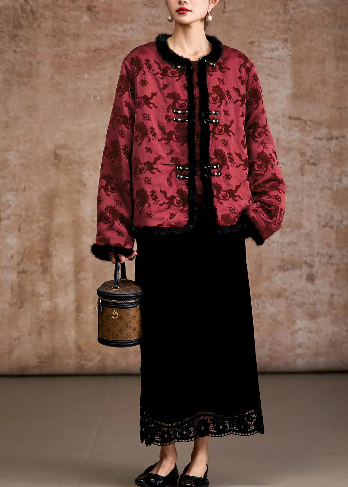 Mulberry Jacquard Patchwork Faux Mink Hair Duck Down Coats Winter