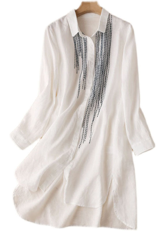 White Embroideried Low High Design Cotton Linen Long Shirt Top Long Sleeve