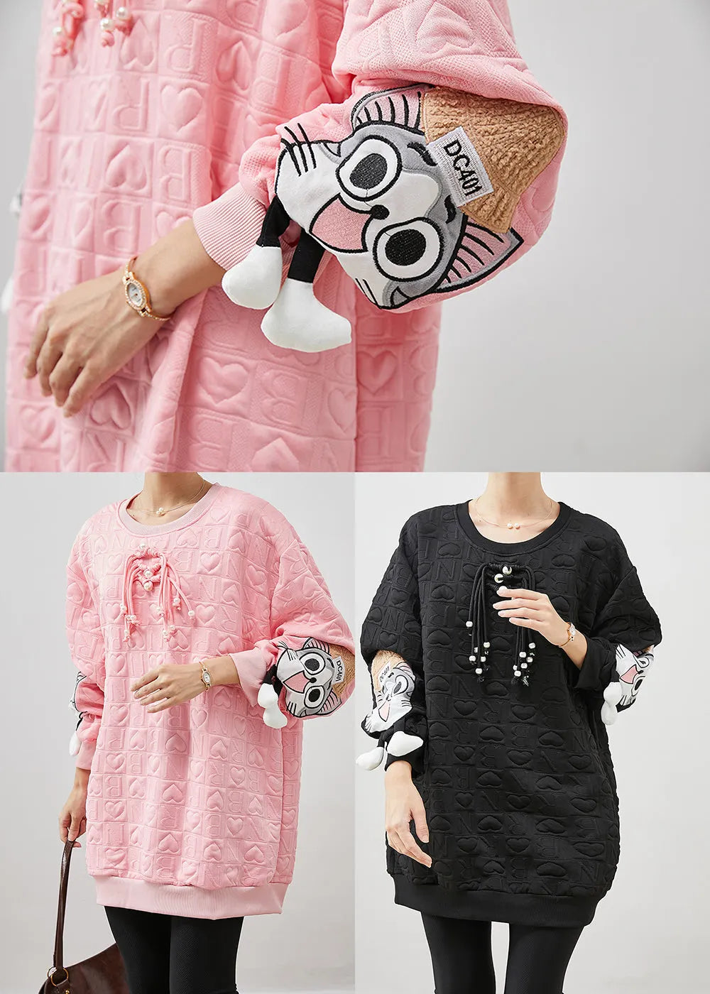 Pink Cartoon Tasseled Cotton Sweatshirt Spring