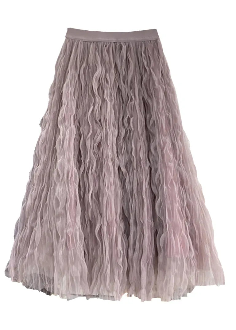 Rose High Waist Wrinkled Tulle Maxi Skirts Spring