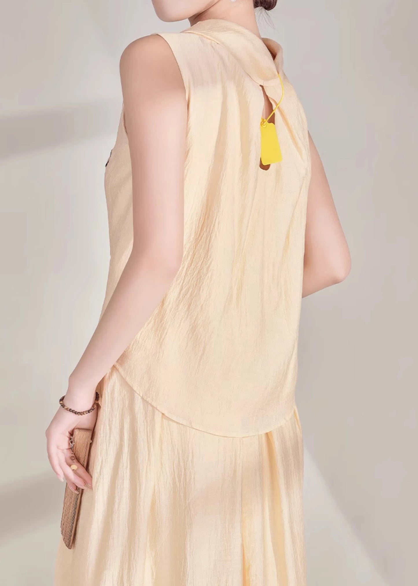 Chinese Style Light Yellow Turtleneck Top and Maxi Skirts Two Pieces Set Summer