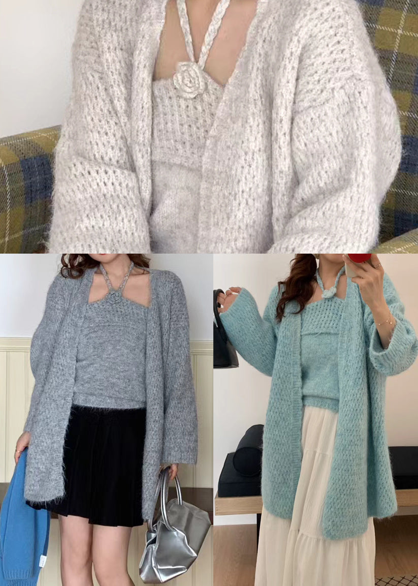 Fine Beige Oversized Knit Halter Two Pieces Set Winter