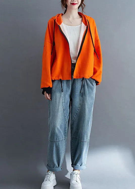 Unique Orange Hooded Zippered Drawstring Fall Jacket Long Sleeve