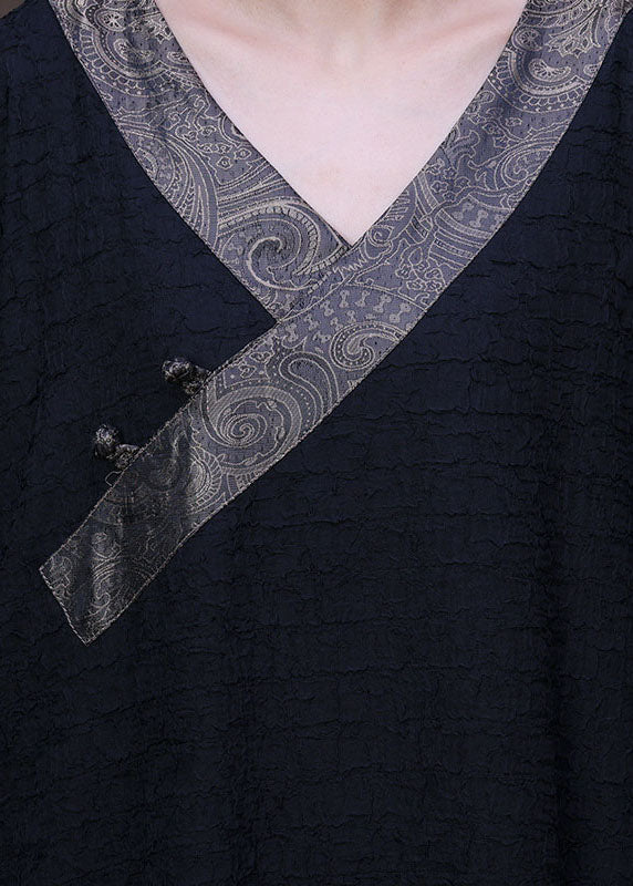 Black V Neck Patchwork Pocket Wrinkled Silk Dress Long Sleeve