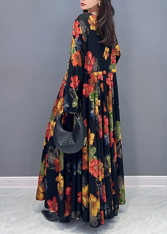 Unique O Neck Wrinkled Patchwork Cotton Long Dress Fall