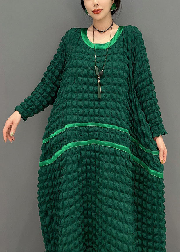 Italian Green O-neck Loose Wrinkled Silk Dresses Spring