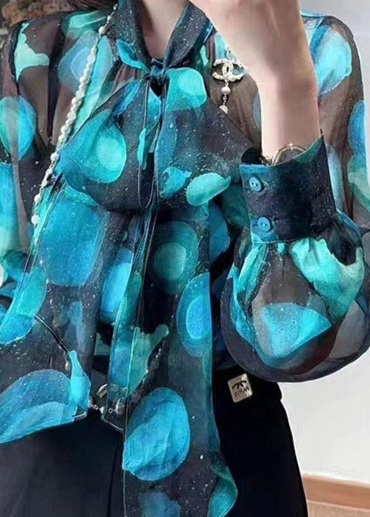 Blue Bow Print Patchwork Chiffon Blouse Tops Fall