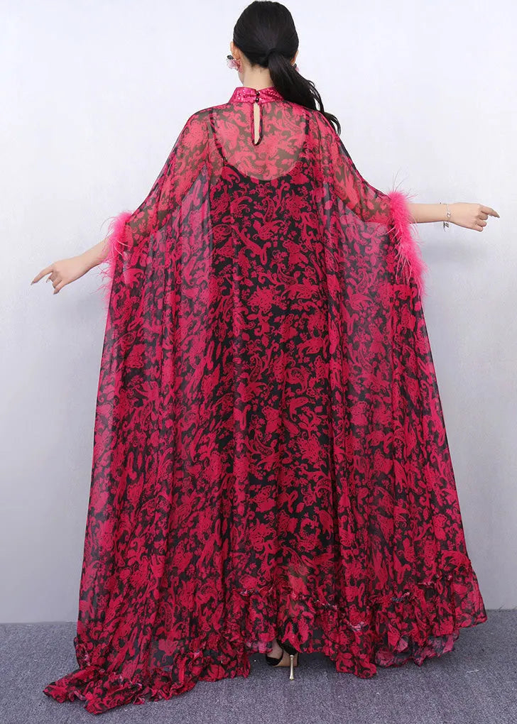 French Red Oversized Print Chiffon Eyelash Dresses Two Piece Set Summer