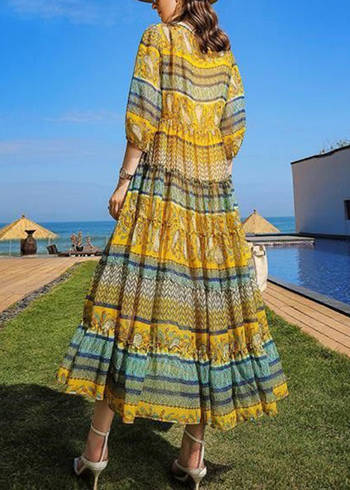 Yellow Print Ruffled Tie Waist Chiffon Dress Half Sleeve