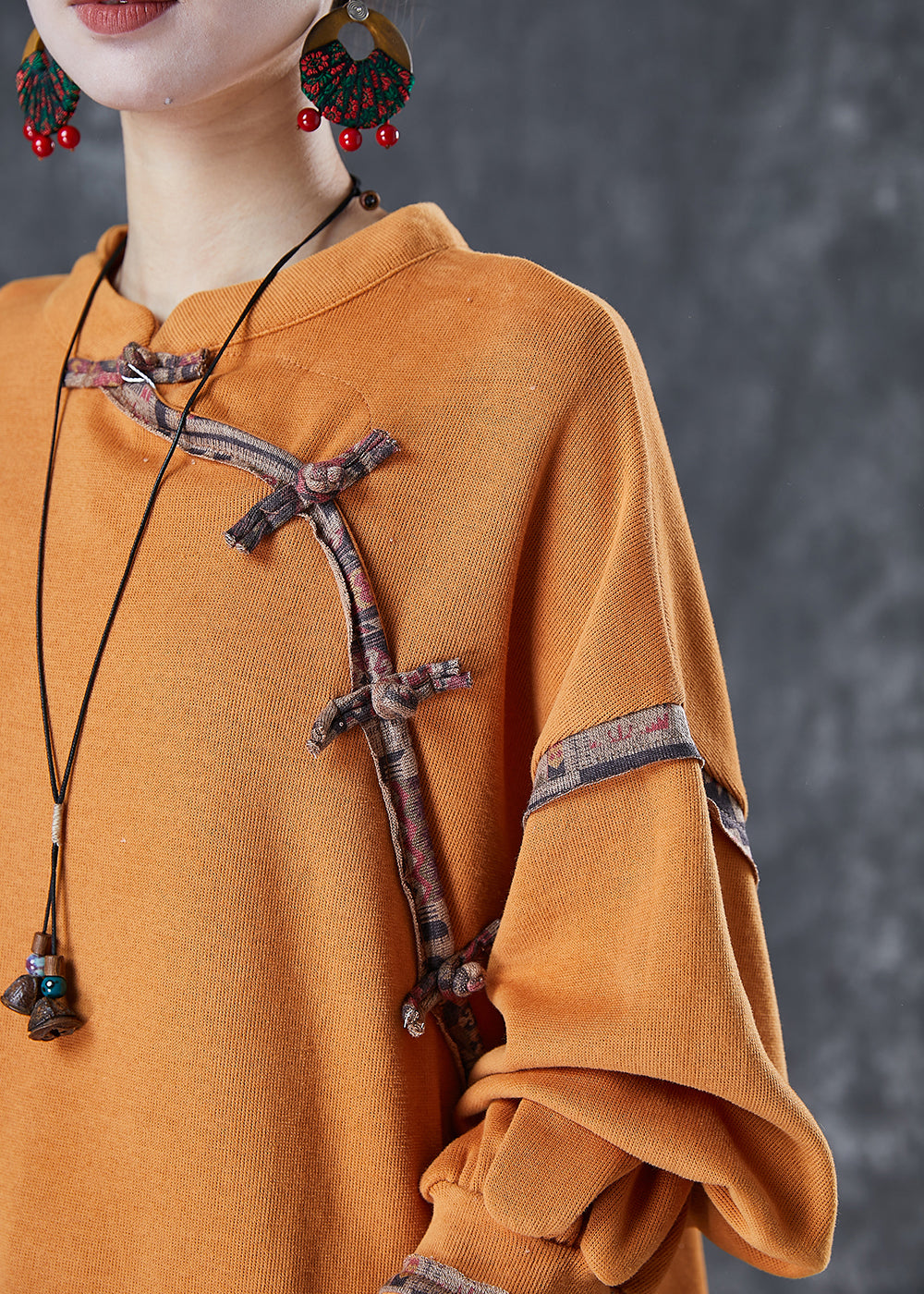 Orange Chinese Button Patchwork Cotton Shirt Tops Spring