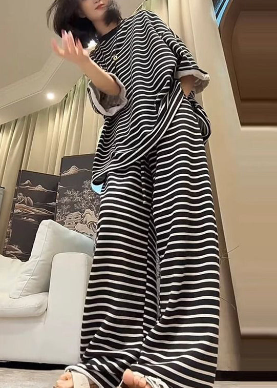 Black Oversized Striped Cotton Two Pieces Set Fall
