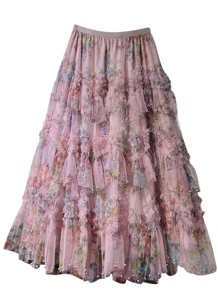 Pink Asymmetrical Print Nail Bead Tulle a Line Skirt Spring