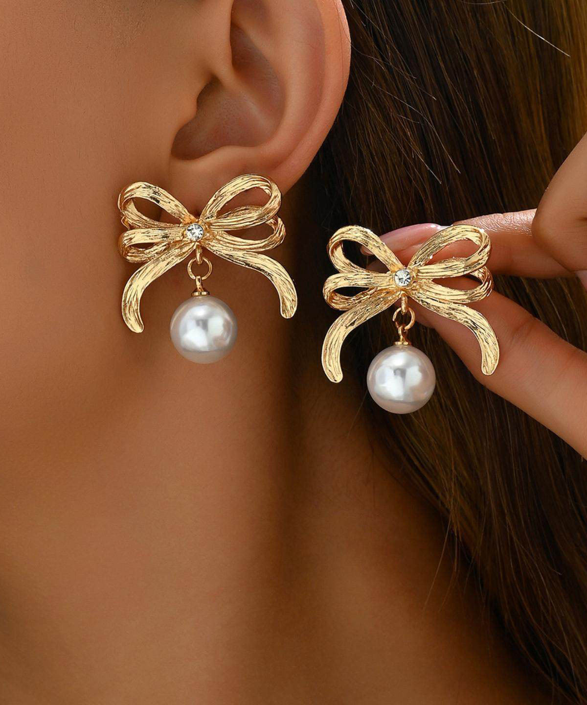 Stylish Gold Copper Overgild Zircon Bow Pearl Drop Earrings