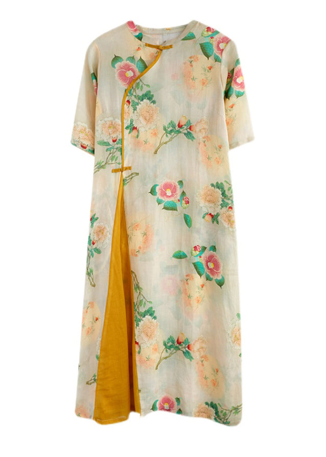 Yellow Print Patchwork Button Linen Long Dress Half Sleeve