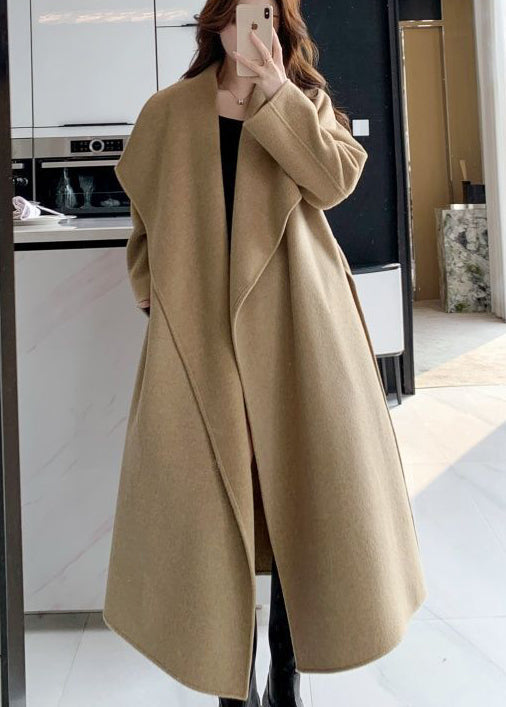 Light Camel Peter Pan Collar Tie Waist Woolen Coat Winter