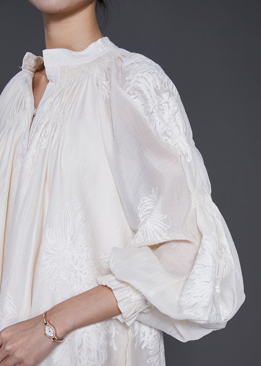White Embroidered Silk Maxi Dress Lantern Sleeve
