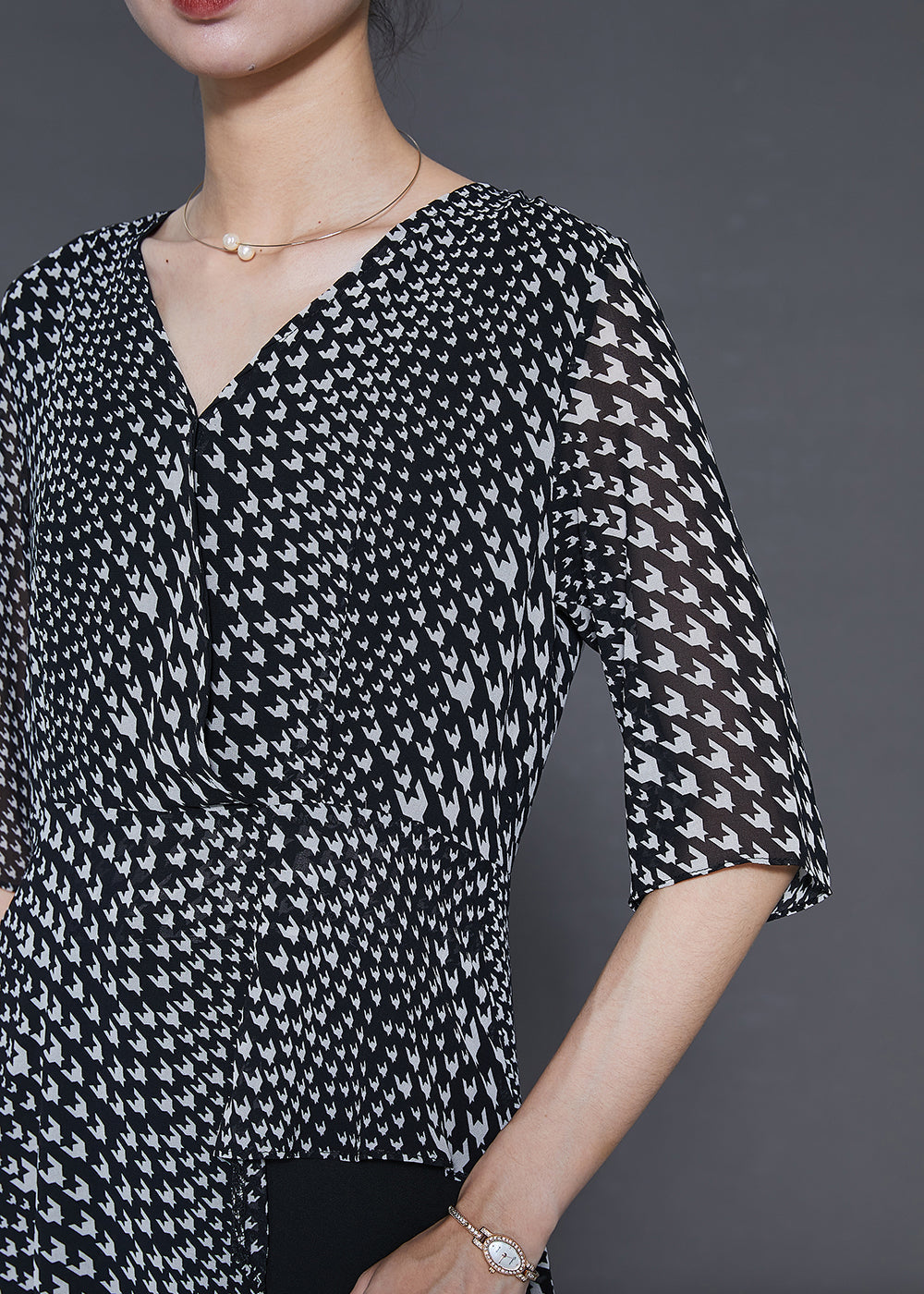 Fine Black Asymmetrical Print Chiffon Two Pieces Set Summer