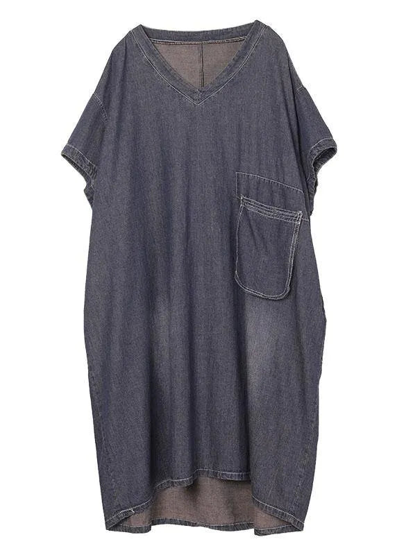 Black V Neck Pockets Denim Summer Maxi Dresses
