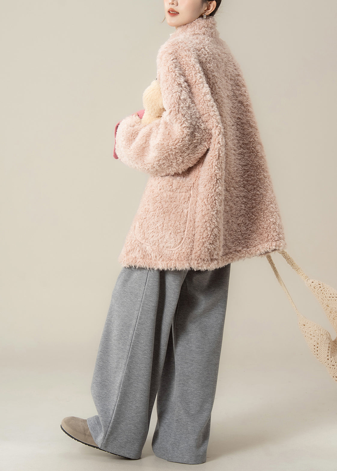New Pink Faux Fur Coat and Grey Wide Leg Pants Set Winter