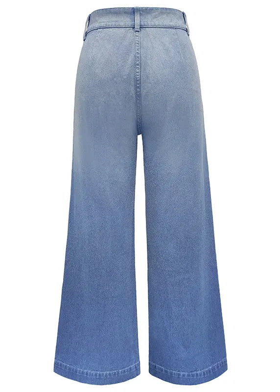 Simple Blue Pockets High Waist Denim Wide Leg Pants Summer