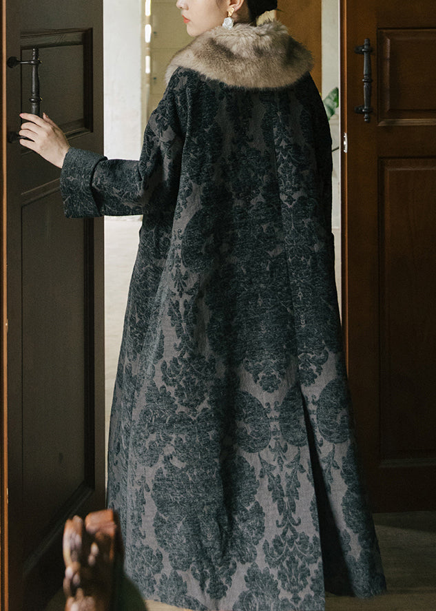 Jacquard Black Fox Collar Button Thick Silk Velour Long Trench Coats Long Sleeve Fall