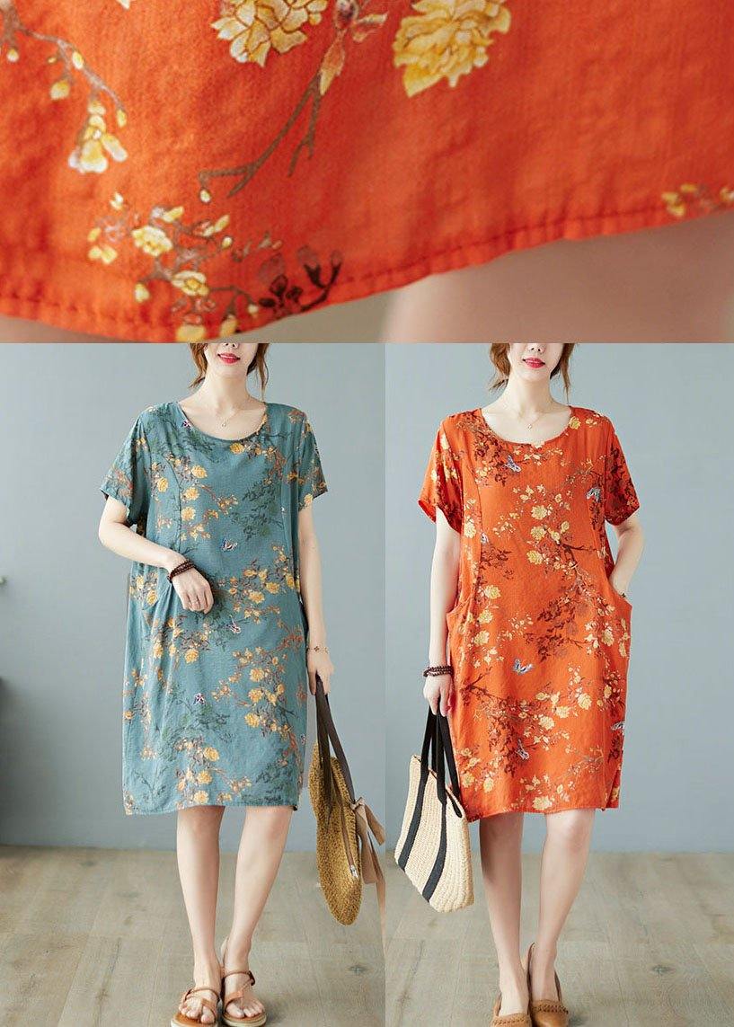 Boutique Blue Pockets Print Mini Dresses O Neck
