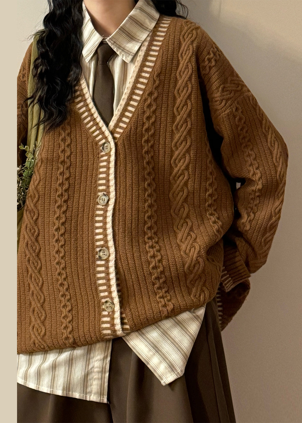 Coffee V Neck Button Cozy Cable Knit Coats Spring