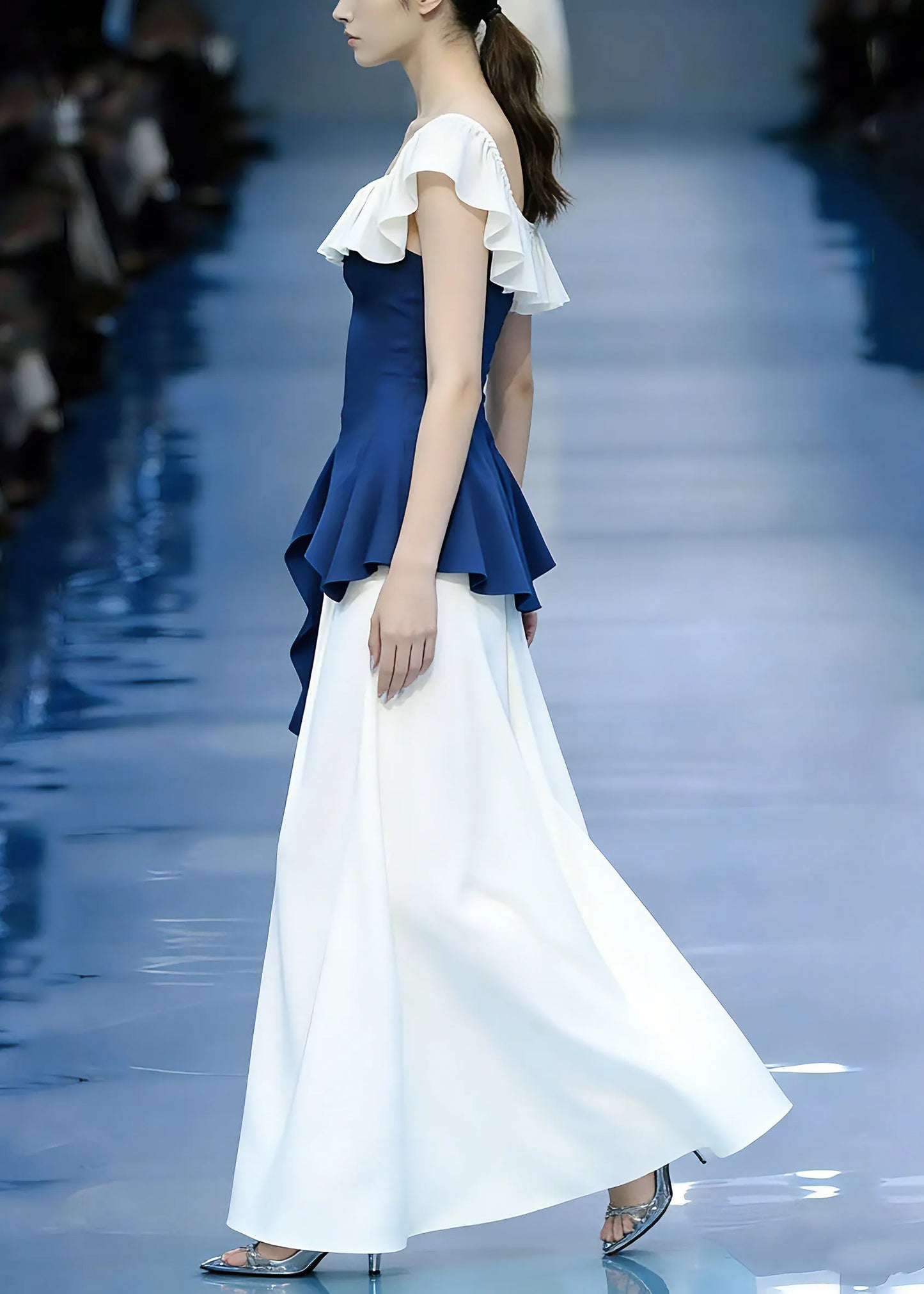 Modern Blue Asymmetrical Patchwork Top and Maxi Skirts Two Pieces Set Short Sleeve