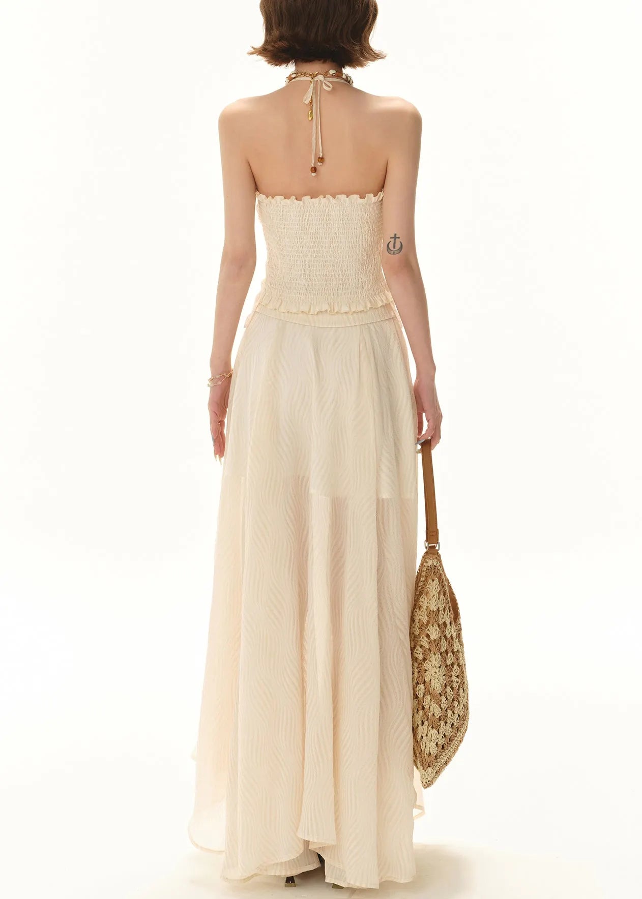Apricot Lace Tops and Skirts Patchwork Two Pieces Set Sleeveless