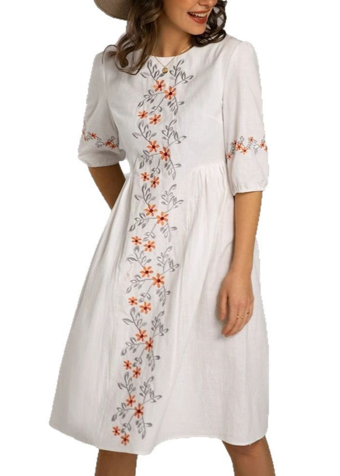 Loose White Embroidered Zippered Cotton Dresses Half Sleeve Summer