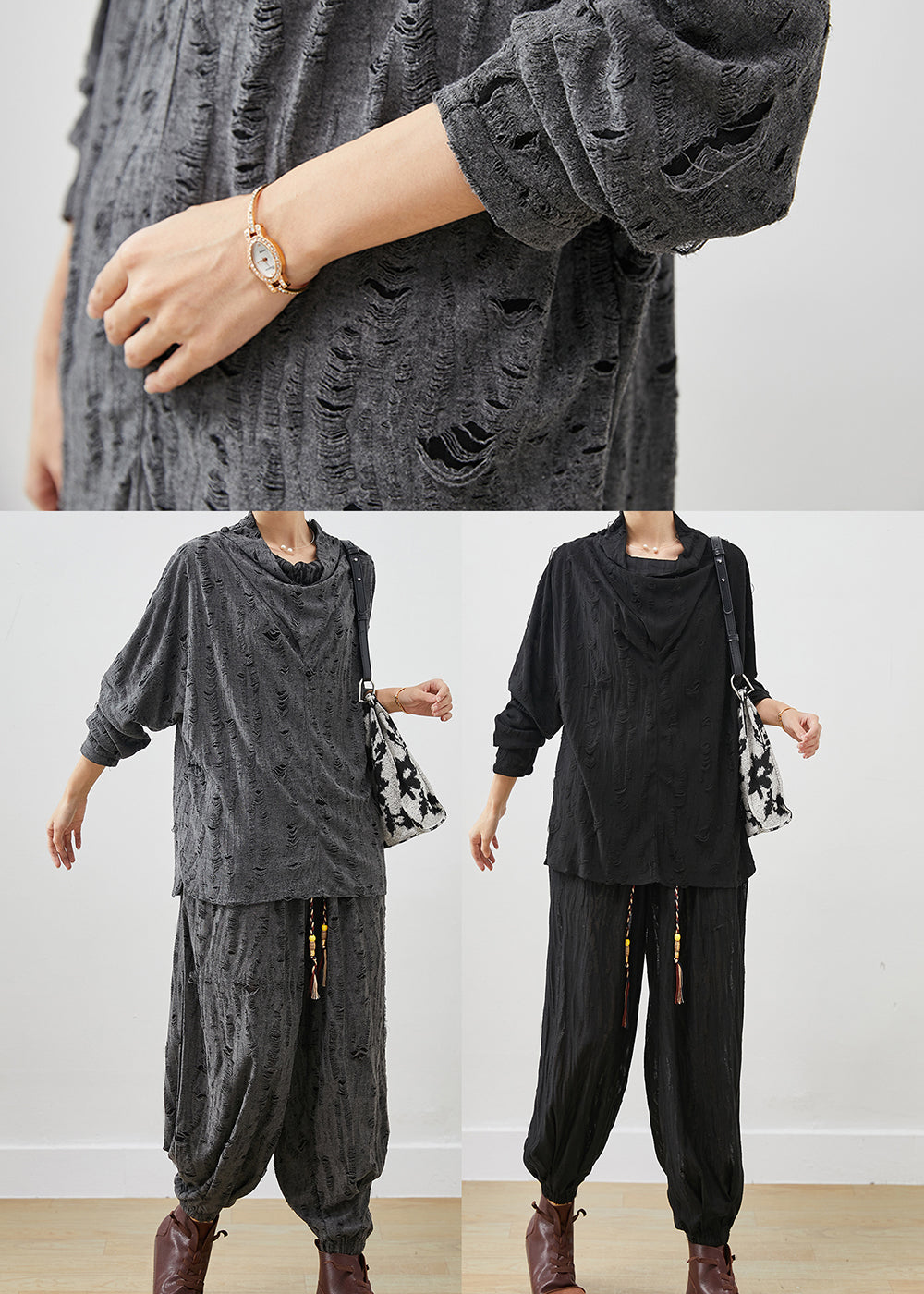 Grey Turtle Neck Cotton Ripped Two Pieces Set Spring