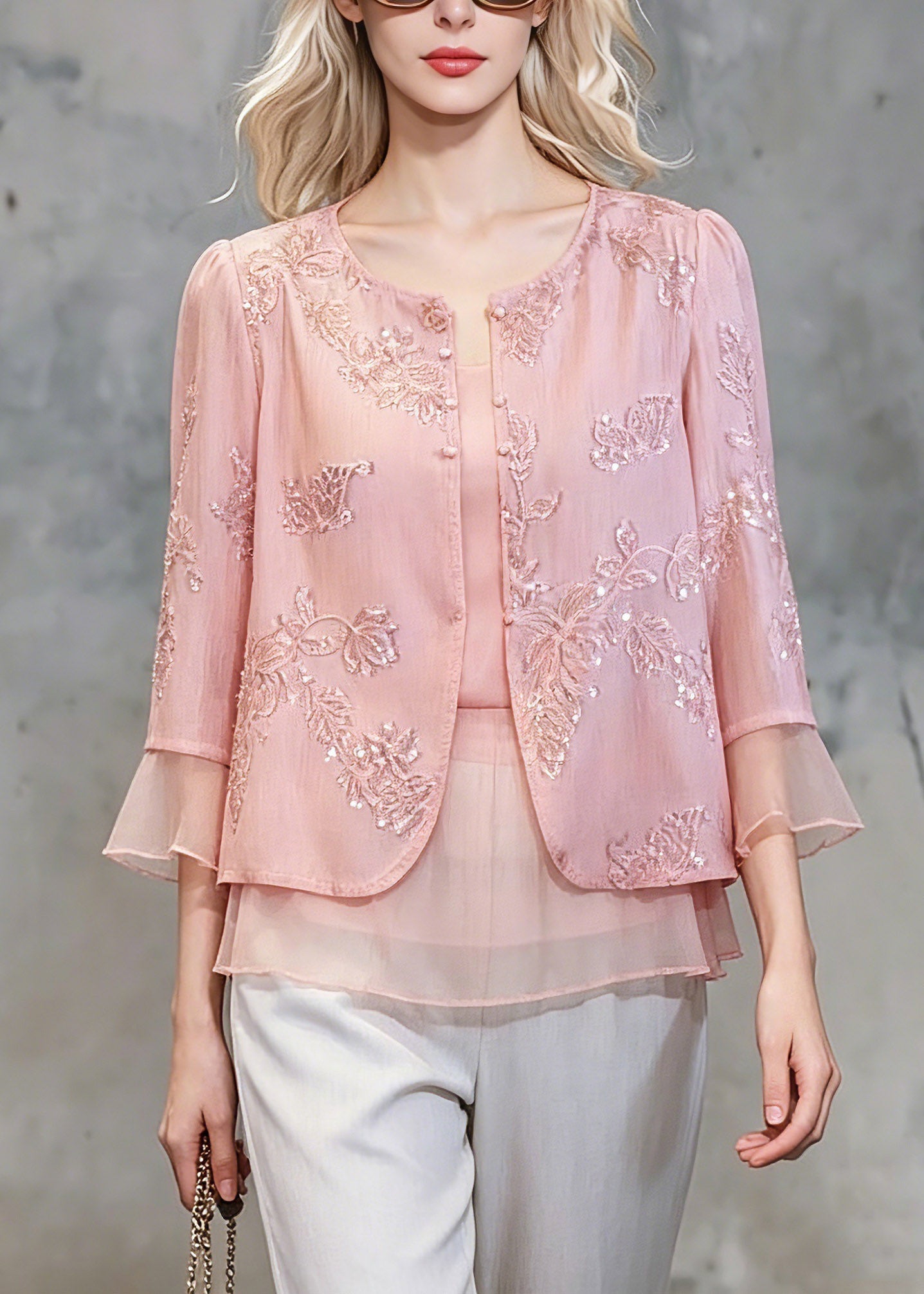 Pink Patchwork Button Fake Two-piece Chiffon Shirt Three Quarter Sleeve