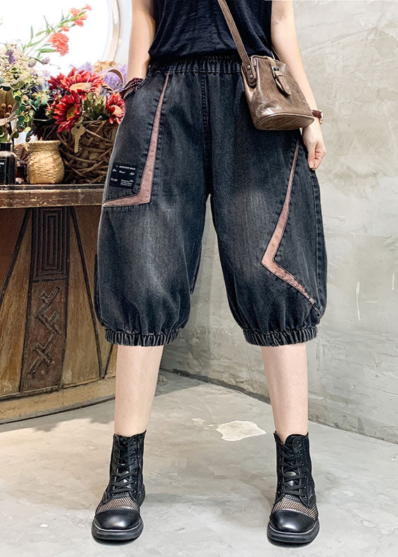 Black Grey Elastic Waist Asymmetrical Applique Cotton Denim Crop Pants Summer