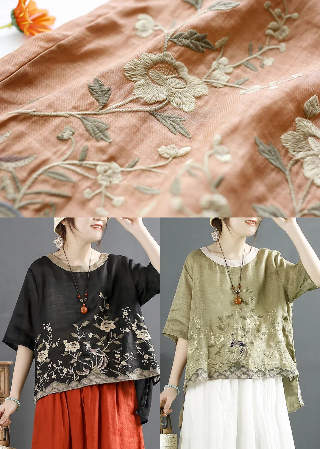 Loose Black Embroideried Low High Design Linen Top Summer