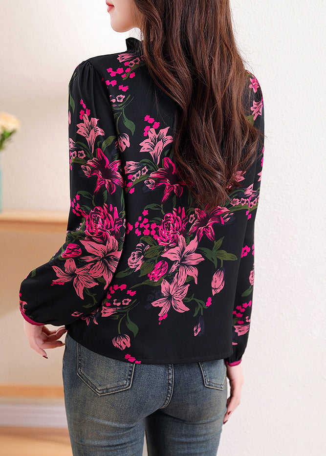 Black Ruffled Print Chiffon Top Long Sleeve
