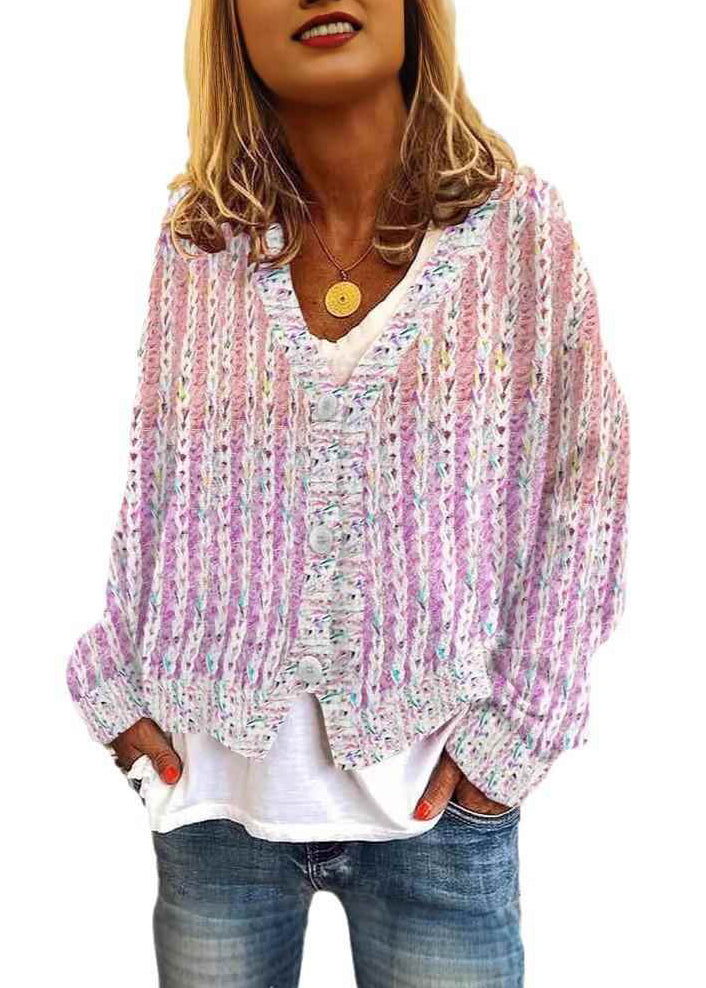 Pink V Neck Striped Cozy Knit Cardigan Spring