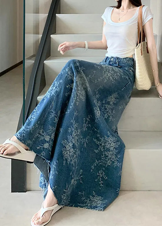 French Blue High Waist Embroidered Pockets Denim Skirts Fall