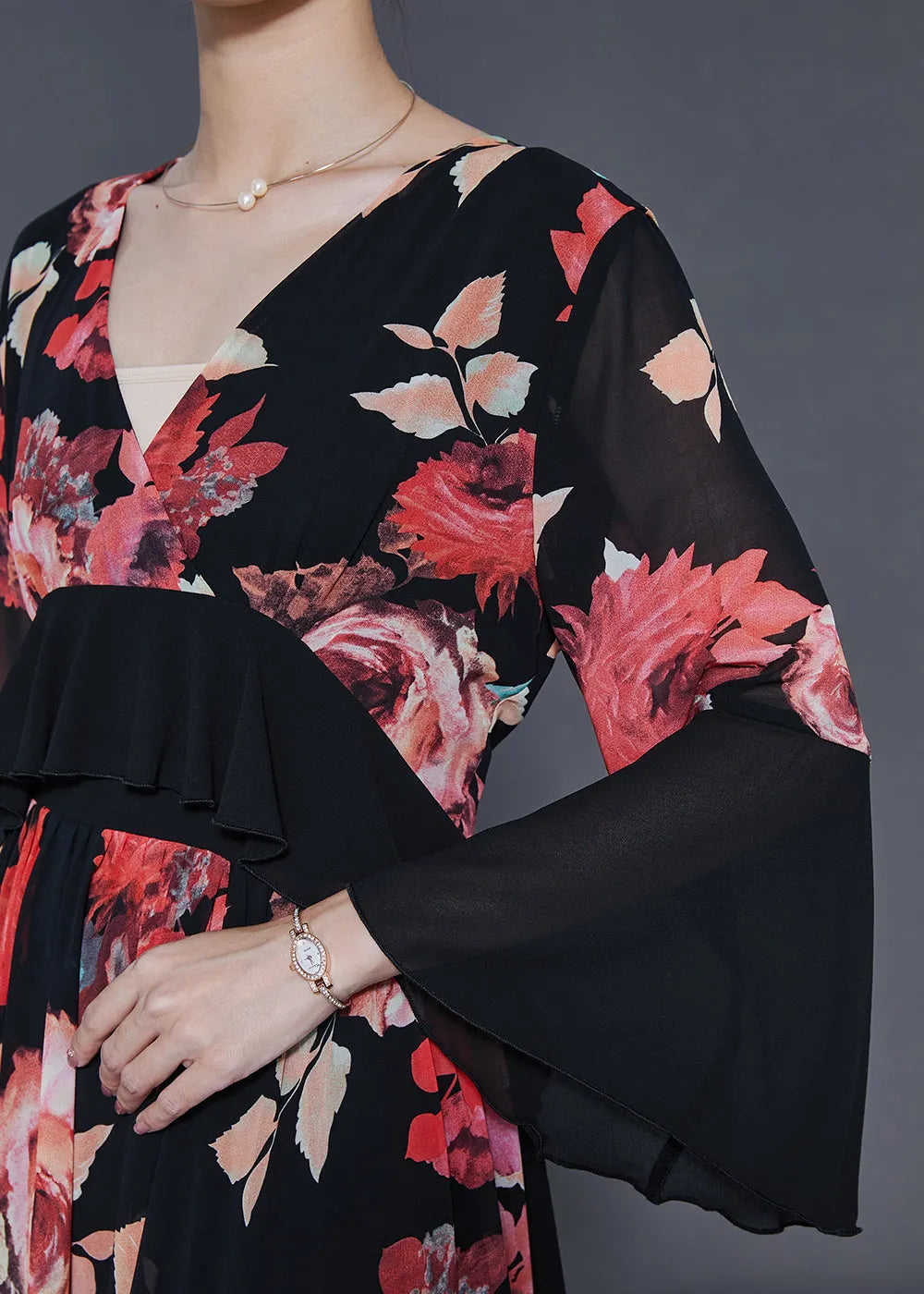 Red Patchwork Chiffon Maxi Dresses Fall