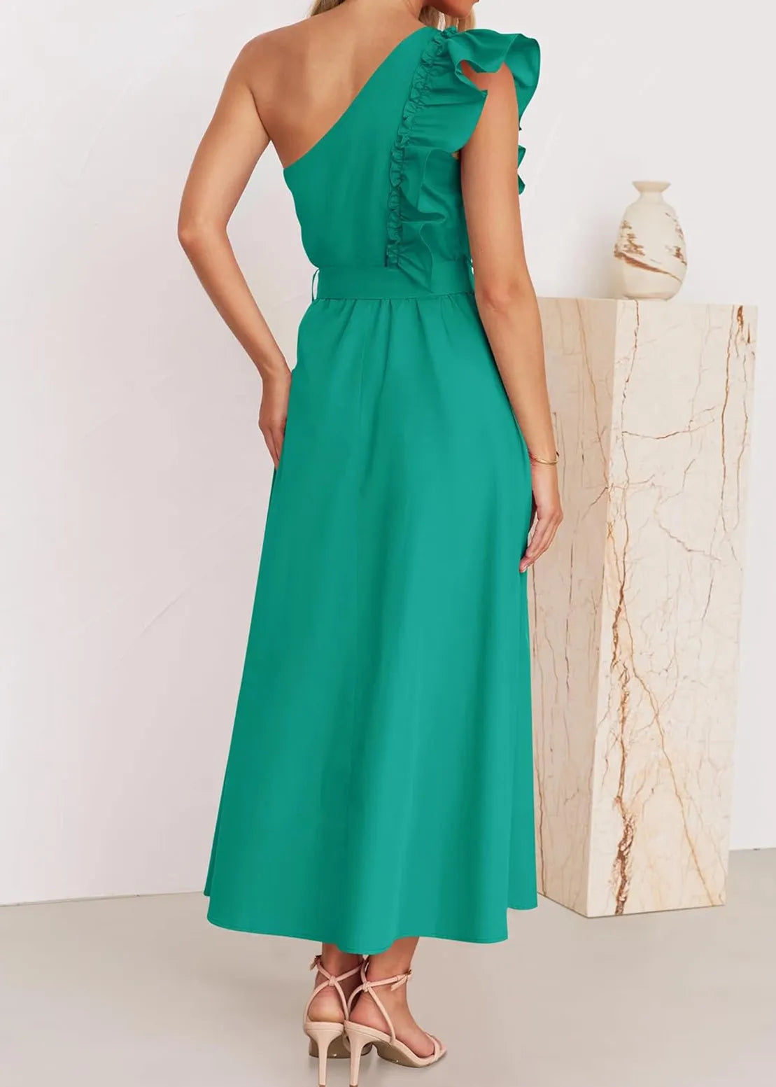 Green Ruffled Tie Waist Cotton Long Dress Summer