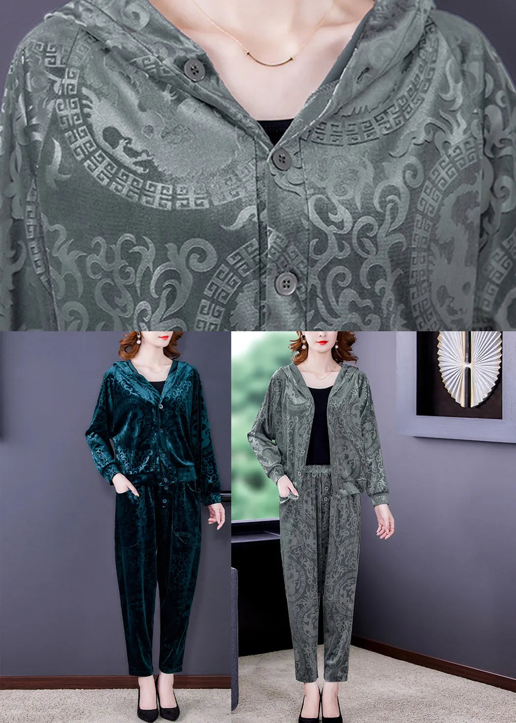 Green Zip Up Silk Velour Coats and Harem Pants Two Pieces Set Long Sleeve Spring