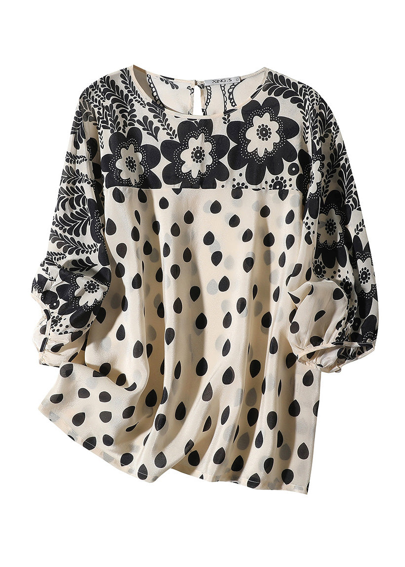 Apricot O-neck Print Silk Shirts Long Sleeve