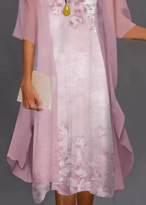 New Pink O-neck Print Chiffon Two Pieces Set Half Sleeve