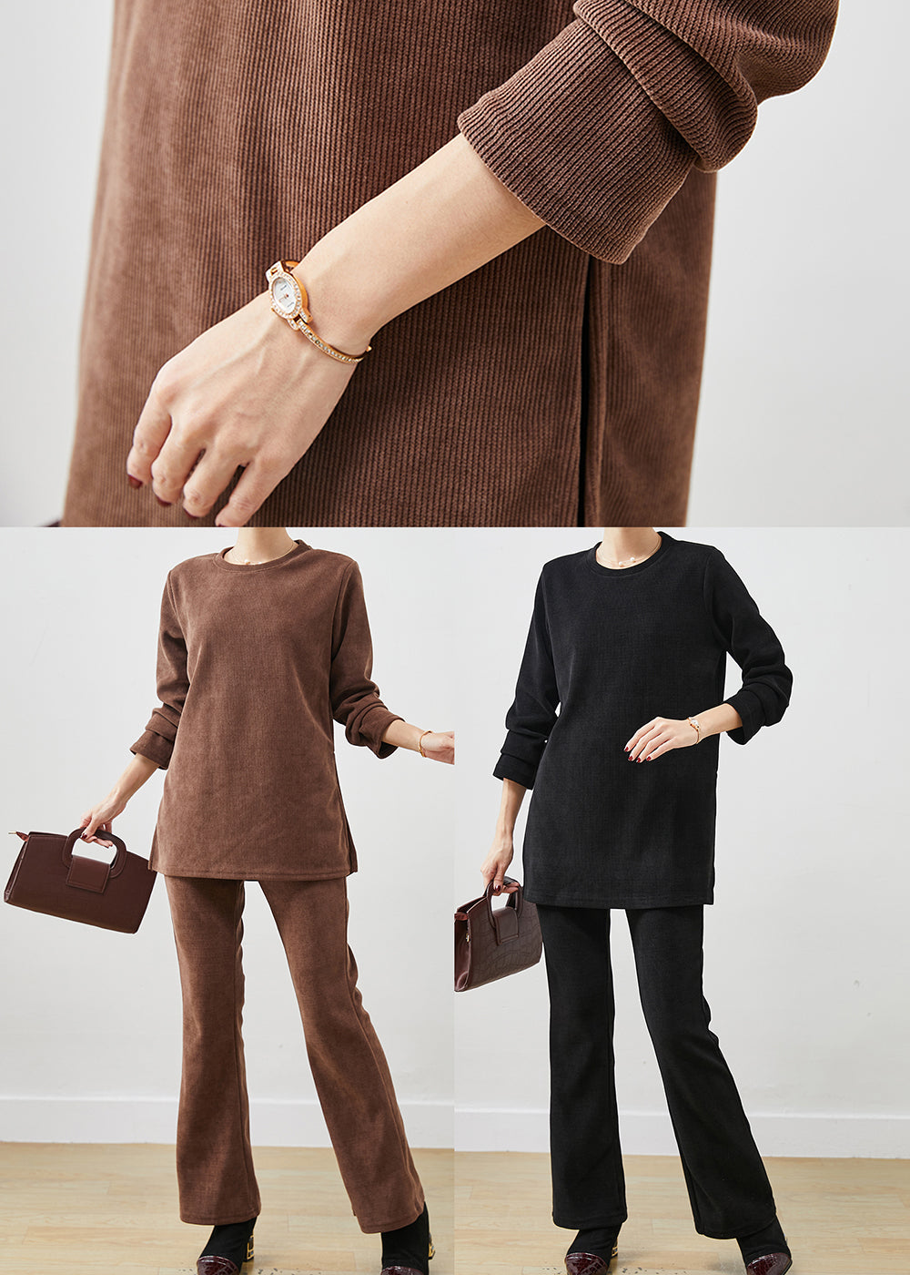 Brown Side Open Corduroy Two Piece Set Spring