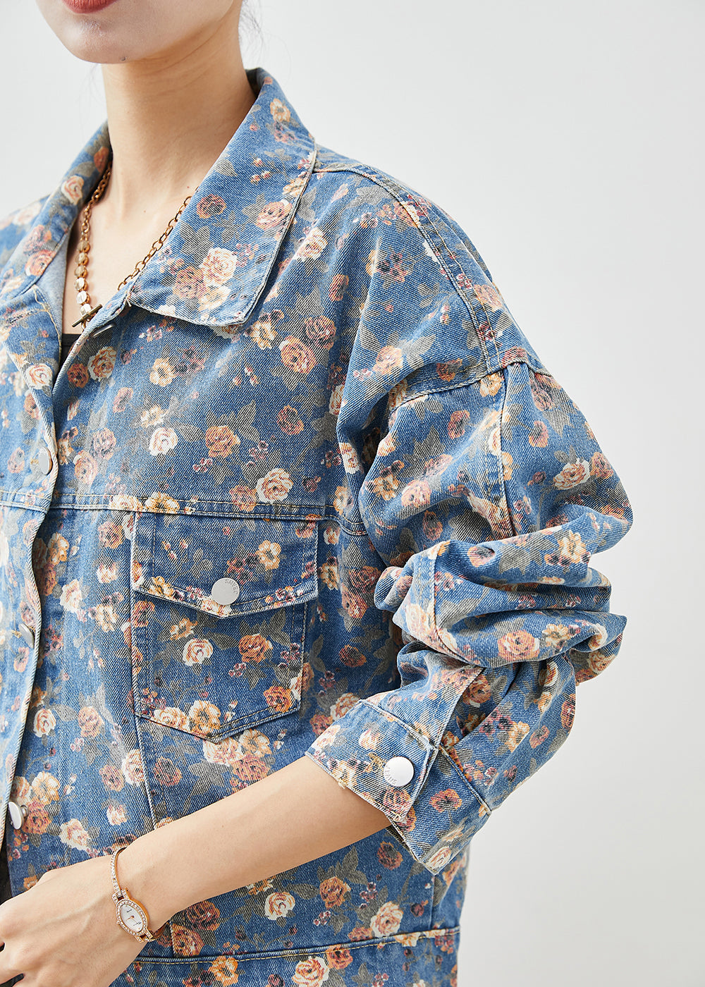 Blue Peter Pan Collar Print Denim Coats Spring