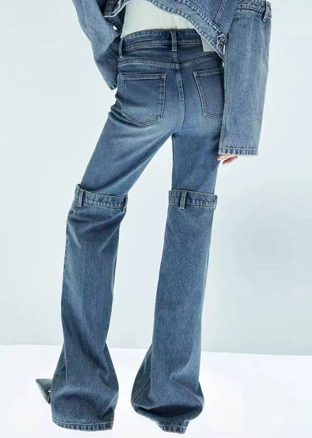 Blue High Waist Patchwork Flared Jeans Spring