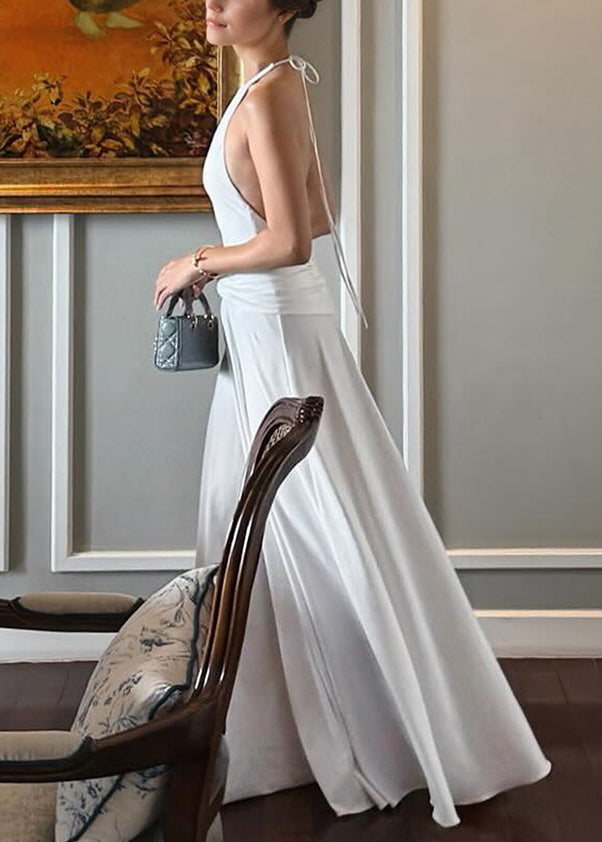 White Backless Wrinkled Lace Up Cotton Long Dress Sleeveless